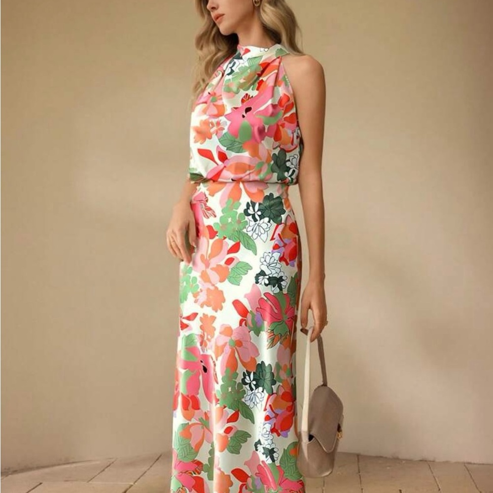 SHEIN Pink and Green Halter Maxi Dress for Weddings